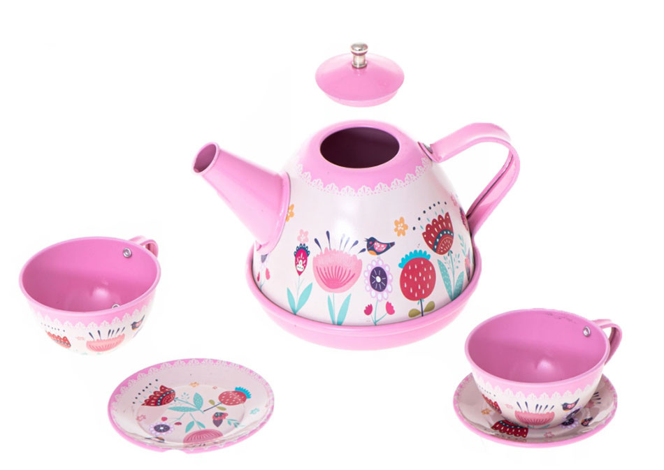 Metalowy zestaw do herbaty dla dziewczynki - tacka, dzbaneczek i filiżanki w zestawie