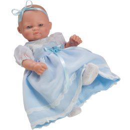 Lalka bobas gumowy. Lalka hiszpańska niemowlak w niebieskiej sukience 26 cm