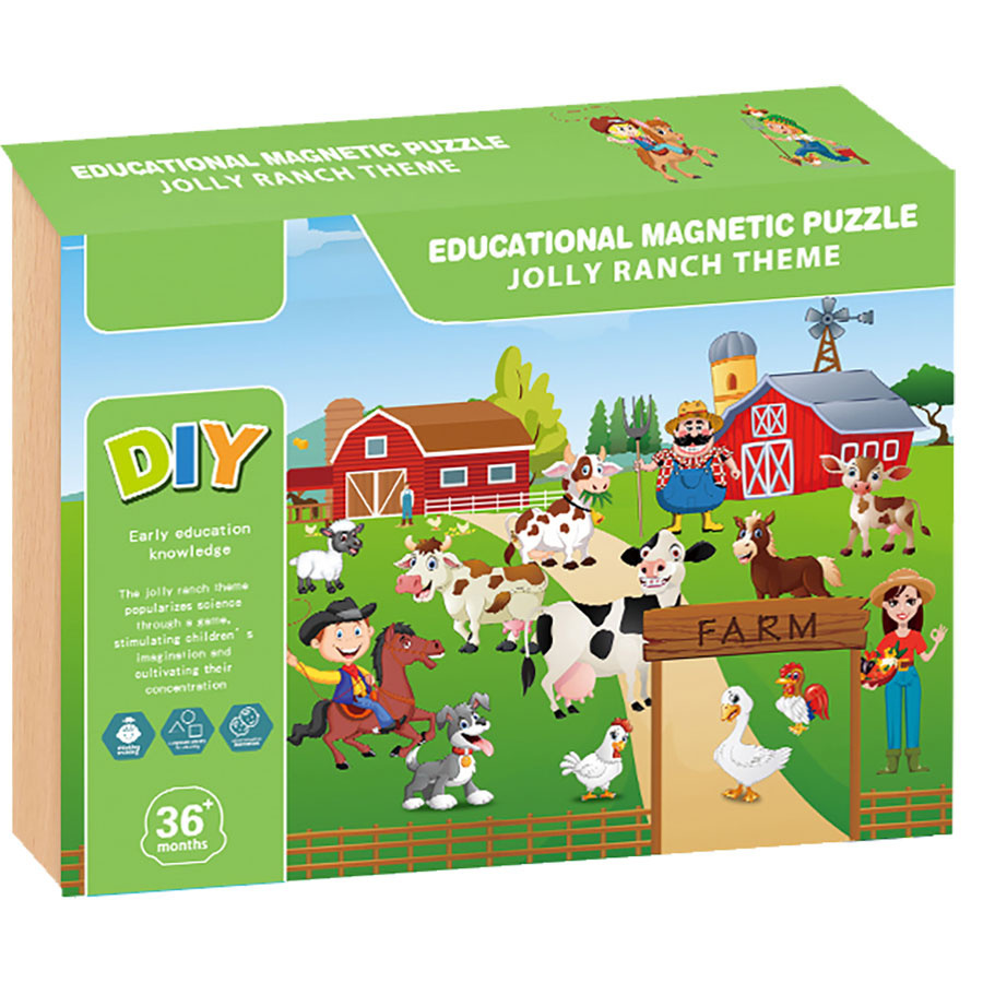 Tablica 2w1 magnetyczna, drewniana - zestaw edukacyjny z puzzlami magnetycznymi farma, zwierzęta, pisak w zestawie