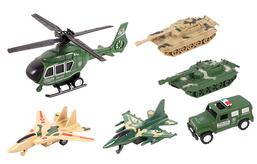 Zestaw militarny, Zabawa w Wojsko dla dziecka - Pojazdy Militarne z napędem, Czołgi, Helikoptery 12 el.