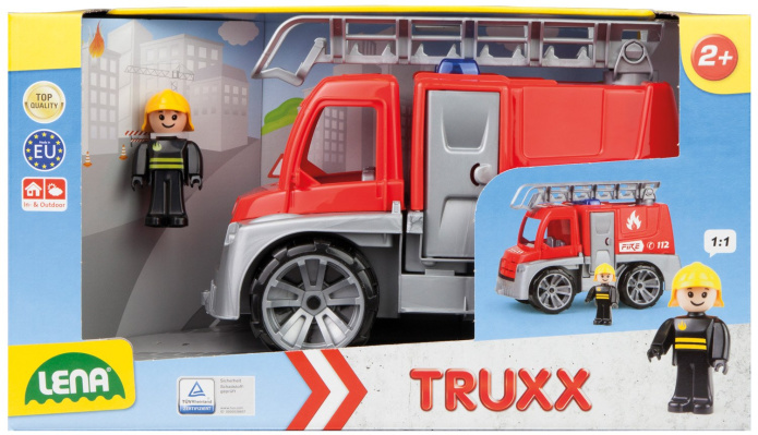 Wóz strażacki-zabawka z figurką strażaka, podnoszona drabina