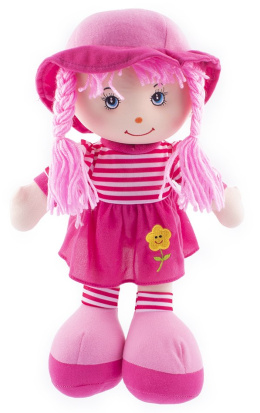Szczmaciana lalka, miękka laleczka przytulanka z włosami różowa