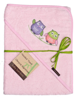 Ręcznik z kapturkiem, bambusowe okrycie kąpielowe dla dziecka 100x100 cm HAFT BABY BAMBOO sowy różowe
