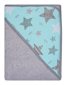 Ręcznik z kapturkiem, okrycie kąpielowe dla dziecka 80x80 cm bawełna wzór SZARY gwiazdki turkusowe