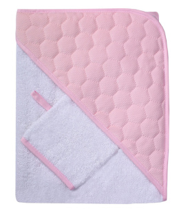 Ręcznik z kapturkiem, okrycie kąpielowe dla dziecka VELVET 100x100 cm z myjką RÓŻOWY
